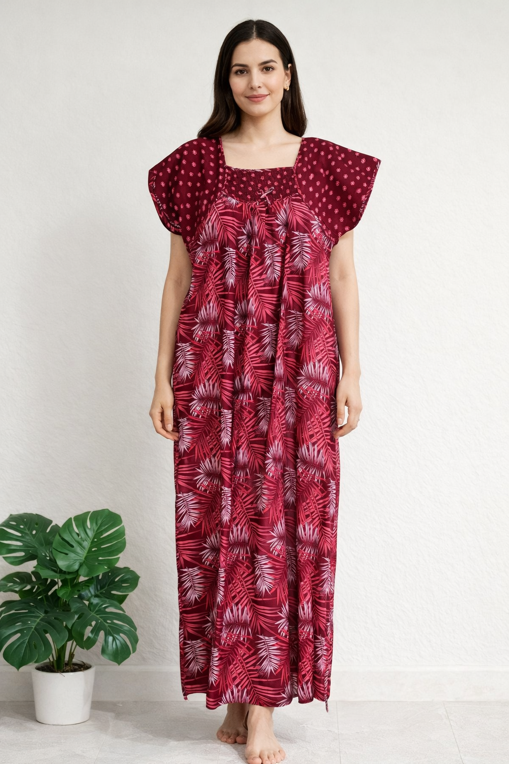 Maroon Leaf Printed Cotton Nighty