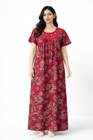 Spun Maroon Floral Cotton Nighty for Women