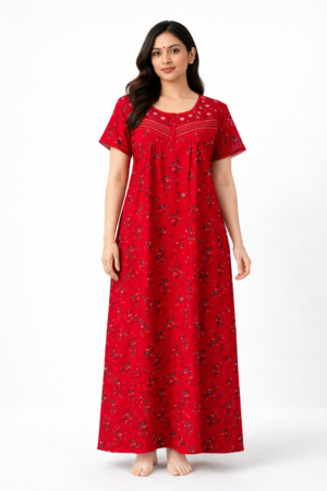 Spun Red Floral Cotton Nighty for Women