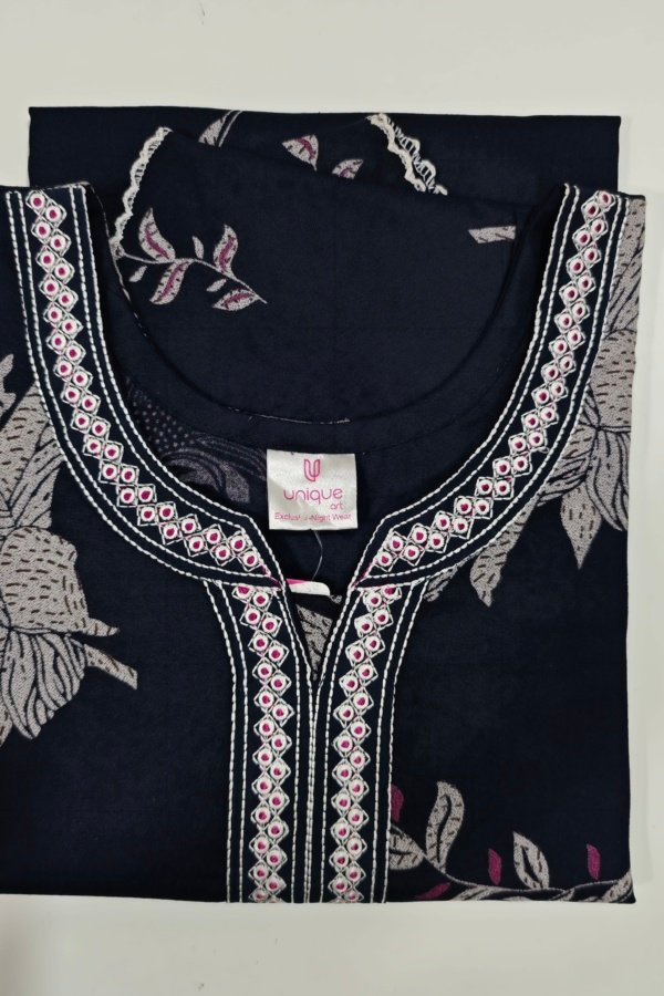 Premium Alpine Embroidery Neck Nighty Regular Navy Blue #001334
