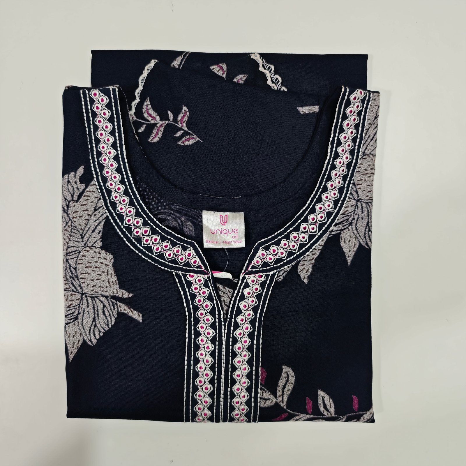 Premium Alpine Embroidery Neck Nighty Regular Navy Blue #001334